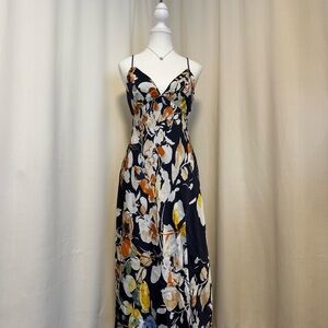 Showpo V NECK THIGH SPLIT SLIP DRESS IN NAVY FLORAL